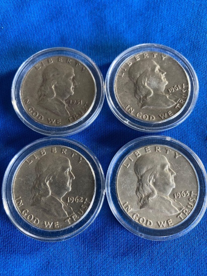 Franklin Half Dollars 1951s, '61d, '62d, '63d