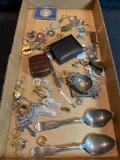 Box of jewelry, tokens, Peace Dollar, and more