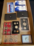 Box of assorted coins, mint sets, proof sets, commemorative half dollar, bicentennial coin set