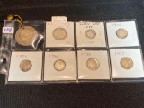 Group of coins Morgan Dollar, (drilled) Barber half dollar, barber dime, silver Roosevelt dimes