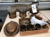 Heavy copper mugs, tea pot, silver plate ice buckets