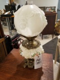 Victorian milk glass banquet lamp with lion heads, hand painted