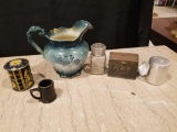 Small antique metal banks, shaker, buffalo pottery pitcher