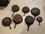Cast iron skillets, 2 granite ware, cast griddle