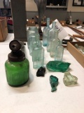 Blue jars, antique bottles