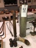 (2) large artillery shell casings, powder horn, antique binoculars