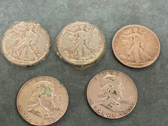 (5) Silver half dollars (two 1941, 1945, 1962-D, 1963-D). Bid times five.