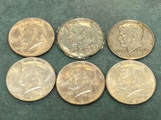(6) 1964 Kennedy silver half dollars. Bid times 6.