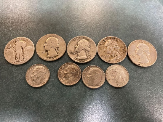(5) Silver quarters (worn 1925, 1935, 1944-S, 1958-D, 1964), plus (4) silver Roosevelt dimes