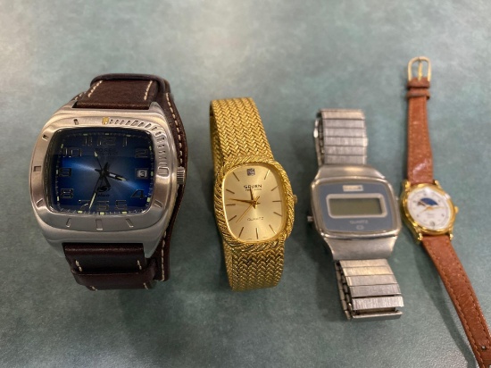 (4) Wrist watches (Fossil Blue, Gruen quartz, Bulova quartz, Timex quartz).