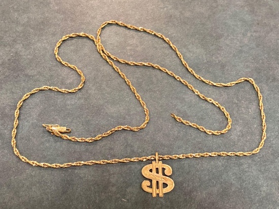 Unmarked 30" gold chain necklace, dollar sign pendant marked 14K.