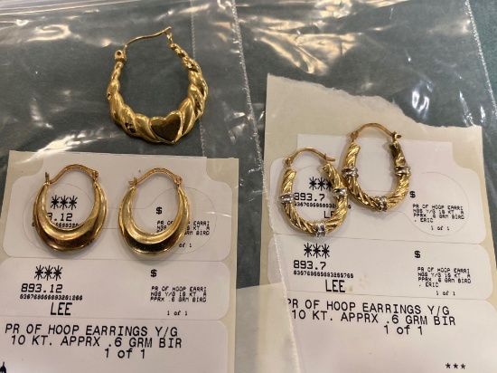 All gold earrings, 2 pairs marked 10K, single marked 14K.