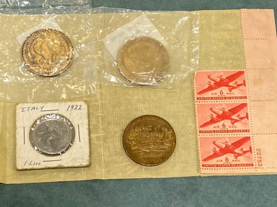 (3) Six Cent airmail stamps, 1922 Italy lire, 1792-1992 US Mint token, (2) Hunt club tokens.
