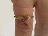 14K ring w/ red gemstone & (2) diamonds.
