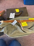Tackle bag with tackle, bamboo fly rod, Kennedy tackle box with old wood lures