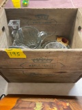 Old wooden box, glassware, commemorative plates