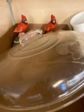 1 flat petal ware and glass lid, 2 cardinals