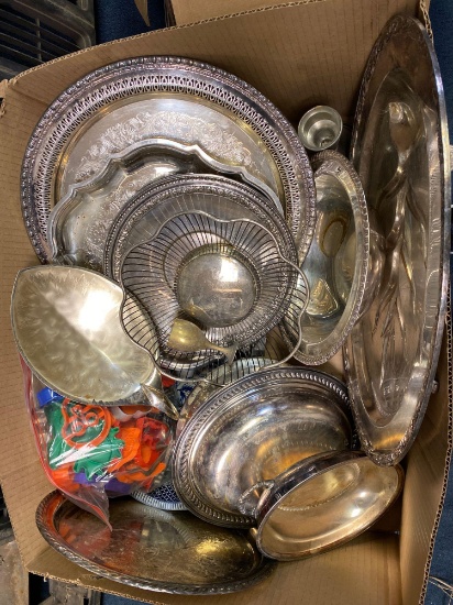 Silver plated, some pewter platters, bowls, candlestick, cookie cutters