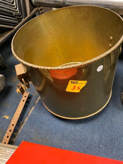 Brass bucket/planter, red box with candlesticks pewter