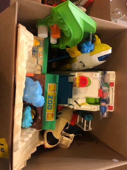 Vintage Fisher Price Little People, boat, 2 planes, 1 train piece, zoo w/ animals, 3 people, box of