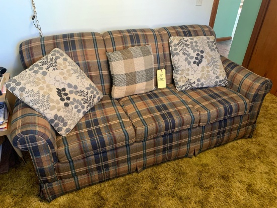 Blue Plaid Sleeper Sofa w/ Pillows