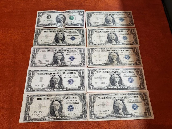 (9) Silver Certificates, (1) 2 Dollar Bill