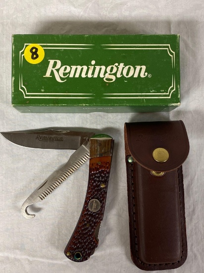 Remington R-3 big game knife w/ leather sheath, original box.