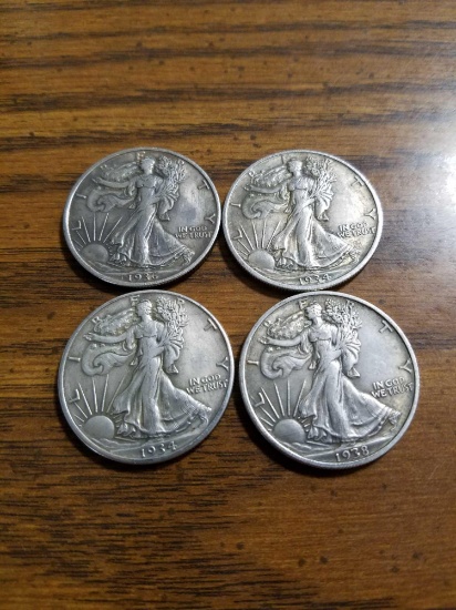 Walking liberty coins, (2) 1934, (1) '36, (1) "38