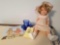 Shirley Temple doll, pitcher, bowl and paper dolls