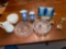 Cut glass dish, alphabet plate, Irish Bellek creamer & sugar, art glass pane