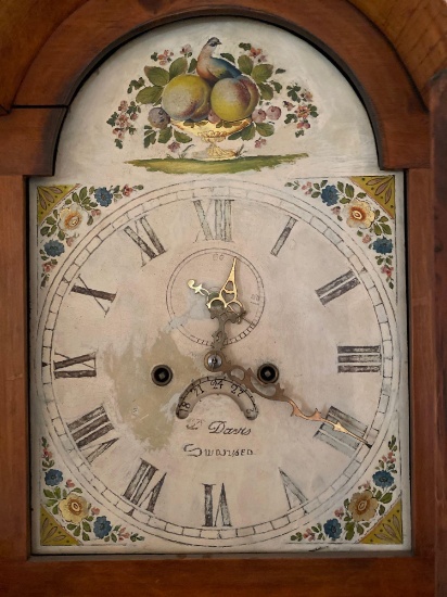 Old grandfather clock signed "D. Davis, Swansea" on hand painted floral face