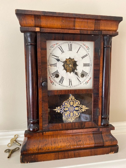 Waterbury 8-day shelf clock, 16" tall, minor veneer missing.