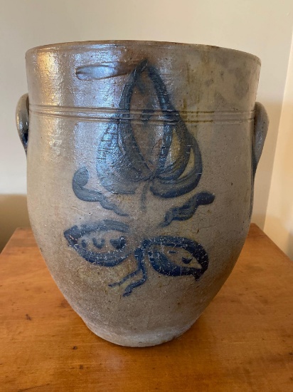 Floral blue decorated stoneware handled crock w/ impressed #4, 13" tall.