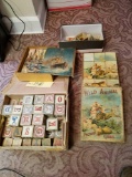 Early building blocks, antique picture cubes and blocks