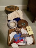 Spitoon, vintage clothes, handkerchiefs, sewing basket