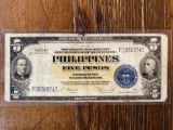 1922 Philippines Treasury Certificate 5 Pesos, has McKinley & Dewey portraits.