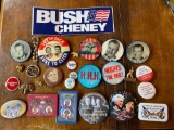 Political pins, Bush bumper sticker.