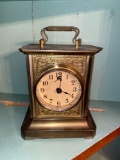 Unmarked brass carriage clock w/ glass sides, 7 1/2