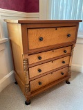 Old youth size chest w/ (4) curly maple dovetailed drawers, 30.5