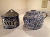 Salt crock & sponge ware decorated covered pot.