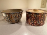 Multi colored spongeware crock w/ lid & bowl.