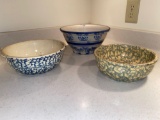 (3) Stoneware spongeware decorated bowls.