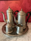 Leonard English pewter tea/coffee set. Has bent edge on tray.