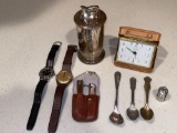 Elbon & Timex wrist watches, B&M sterling cigarette lighter, 1901 Pan Am Buffalo spoon