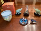 Pair jade elephants, Oriental figurine, cloisonne bird & miniature tea set