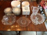 Clear Glass and Etched Glass Plates, Bowls, Pitcher, Cups