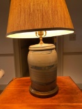 Blue decorated crock made into a lamp, 24.5