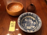Large Victorianware Ironstone, hand turned wood bowl and vase.