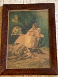 Framed lady w/ dog print, late 1800s circa.