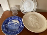 (3) McKinley souvenir plates, glass McKinley cup.